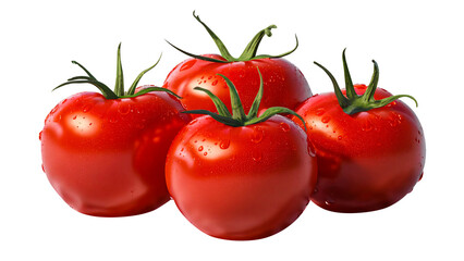 Bunch of fresh red Tomatoes covered with water drops, isolated on transparent background, organic tomato vegetable