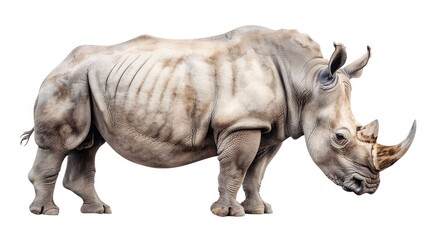 Obraz premium Majestic rhinoceros grazing peacefully in a vibrant watercolor landscape with a strong and sturdy presence against a clean white background creating a striking and visual