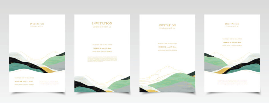 Set of minimalist premium design invitations with mountain landscape. Wedding invitation set. Design template for event flyers. Nature retreat. Collection of abstract backgrounds with waves. Mountains