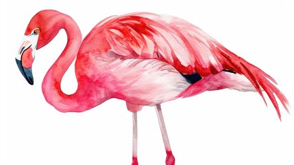 Obraz premium Beautifully rendered watercolor of a graceful flamingo standing with vibrant pink feathers against a clean white background This whimsical decorative artwork has a soft