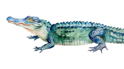 Naklejka premium Watercolor of Cute Cartoon Crocodile Basking on Isolated White Background with Deep Depth of Field Effect