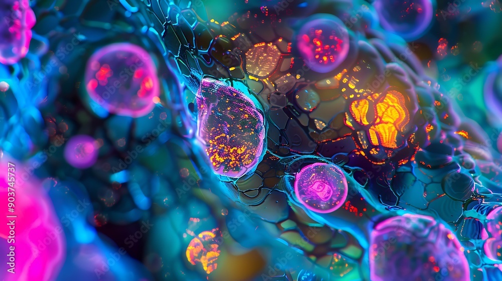 Poster brightly colored stem cells with intricate patterns under a microscope view, displaying a variety of