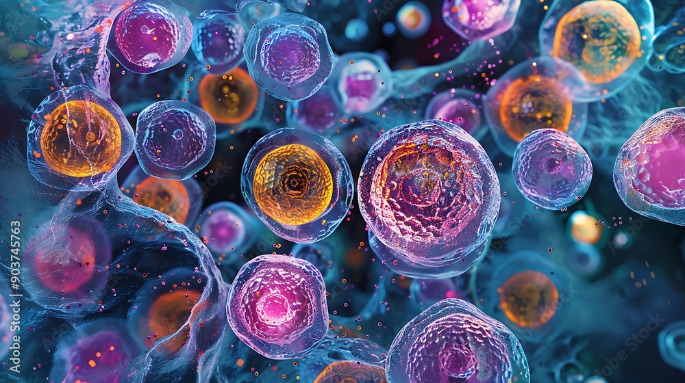 Poster brightly colored stem cells with intricate patterns under a microscope view, displaying a variety of