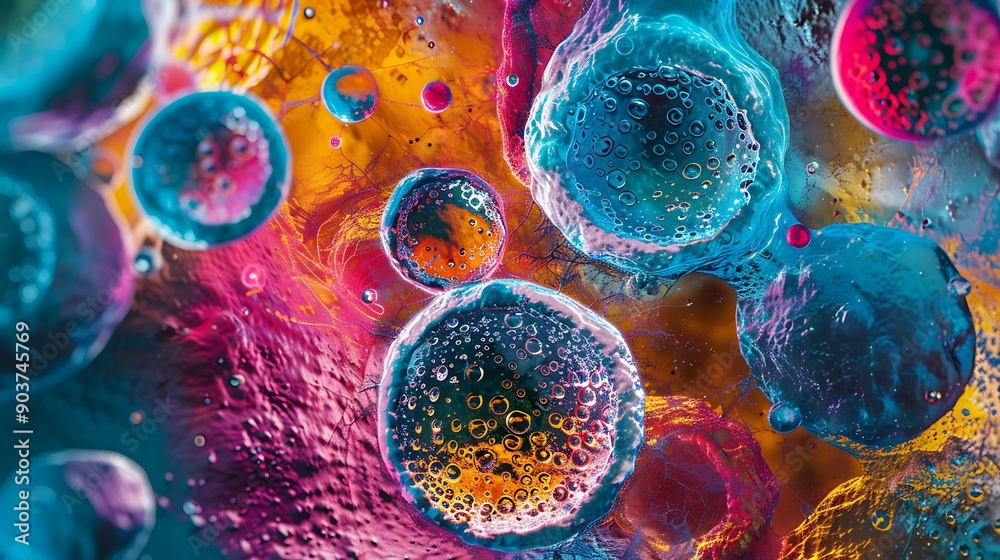Poster brightly colored stem cells with intricate patterns under a microscope view, displaying a variety of