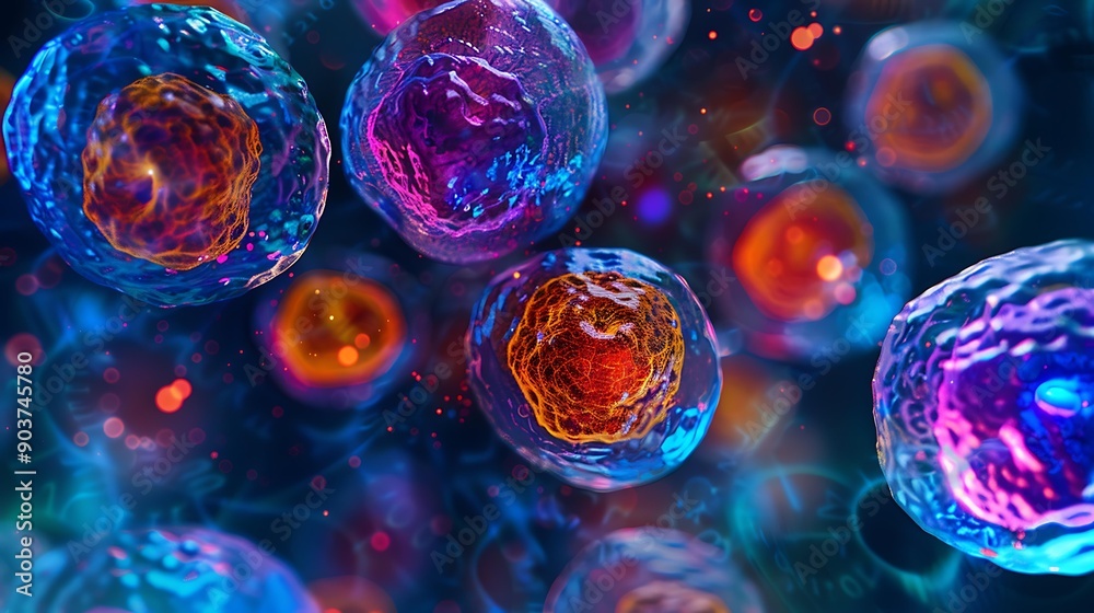 Poster brightly colored stem cells with intricate patterns under a microscope view, displaying a variety of