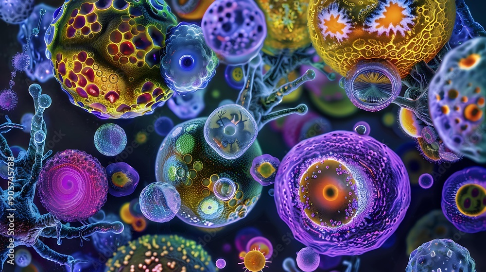 Poster brightly colored stem cells with intricate patterns under a microscope view, displaying a variety of
