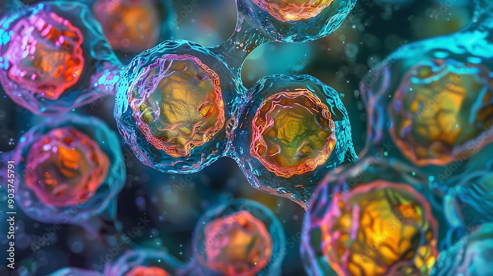 Poster brightly colored stem cells with intricate patterns under a microscope view, displaying a variety of
