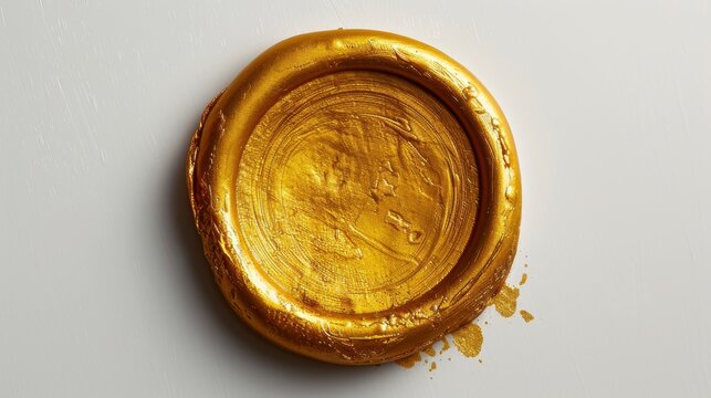 Gold seal wax imprint is creating a shiny and rough texture on a white background