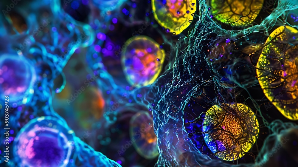 Poster detailed image of stem cells under a microscope, showcasing a colorful and dynamic arrangement of ce