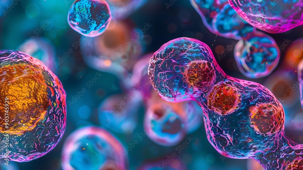 Poster detailed image of stem cells under a microscope, showcasing a colorful and dynamic arrangement of ce