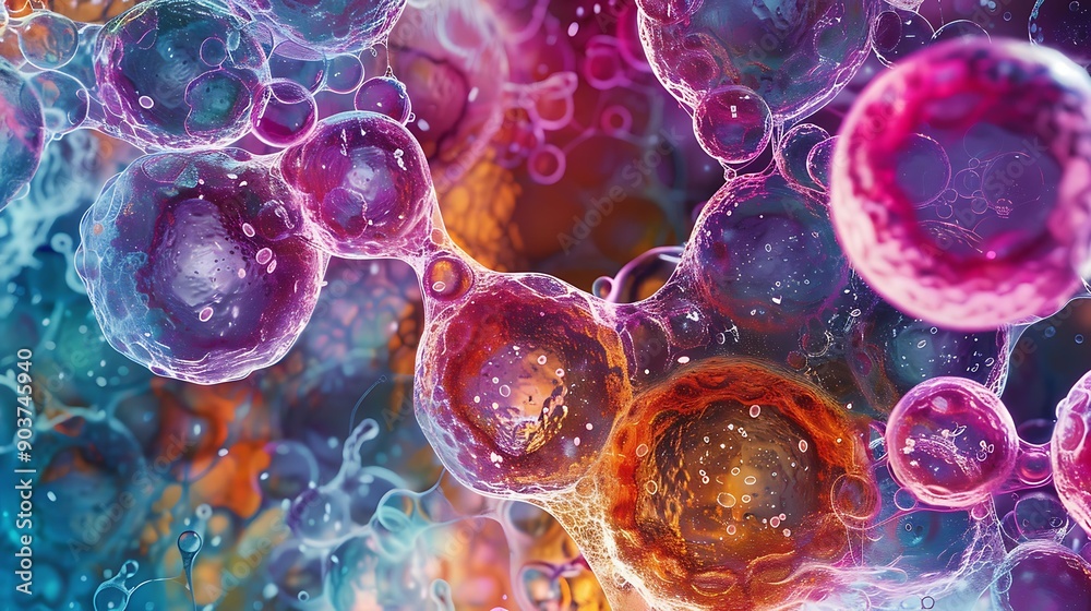 Poster microscopic view of multicolored stem cells, featuring a diverse array of forms and patterns in an a