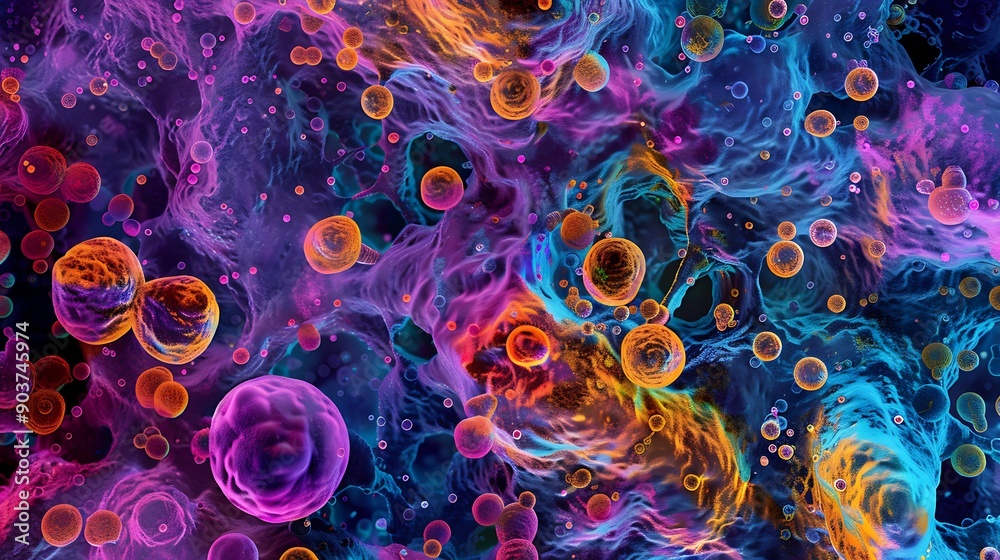 Poster microscopic view of multicolored stem cells, featuring a diverse array of forms and patterns in an a