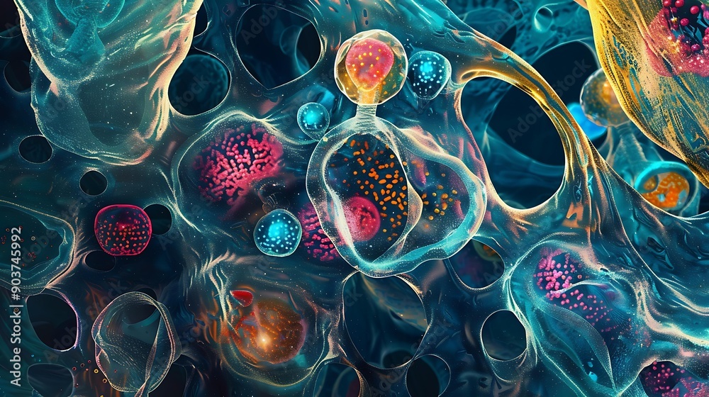 Poster Microscopic view of multicolored stem cells, featuring a diverse array of forms and patterns in an abstract and artistic style