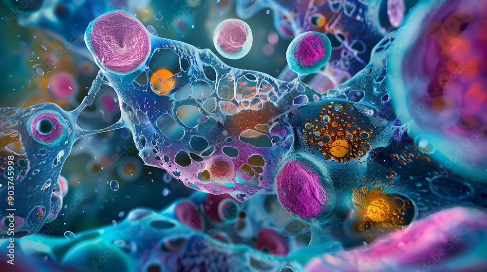 Poster microscopic view of multicolored stem cells, featuring a diverse array of forms and patterns in an a
