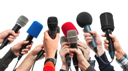Many journalists hands holding microphones on transparent background