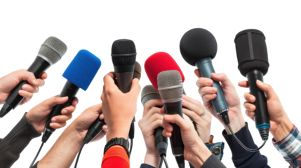 Many journalists hands holding microphones on transparent background
