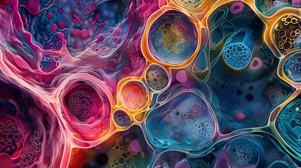 Microscopic view of multicolored stem cells, featuring a diverse array of forms and patterns in an abstract and artistic style