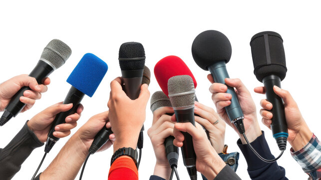 Many journalists hands holding microphones on transparent background