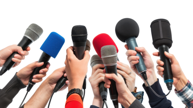 Many journalists hands holding microphones on transparent background