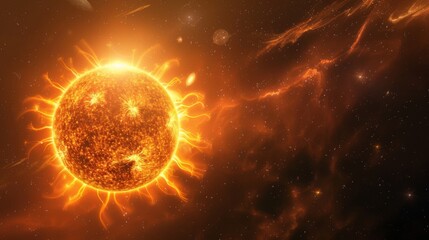 Obraz premium Powerful Sun in space close up. Burning star with plasma emissions in the starry sky. The Sun star in the solar system
