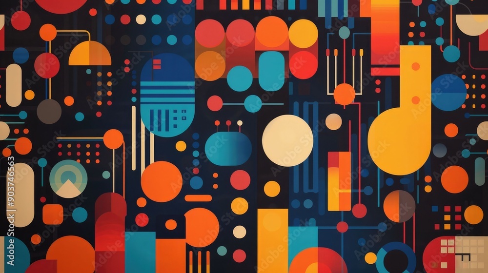 Fototapete Vibrant Visualization of Machine Learning Data Flow Elements  Abstract digital with colorful geometric shapes patterns and dynamic composition representing intelligence and data processing technology