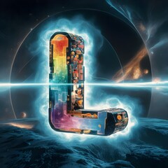 Breathtaking Conceptual Cinematic Illustration of a Vibrant, Colorful Letter L Surrounded by an Electric Blue Aura with a Cosmic Background of Galaxies and Stars