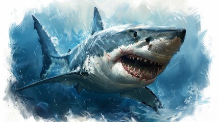 Obraz premium Fierce great white shark with sharp teeth swims powerfully in the vast ocean, exuding danger and wildness