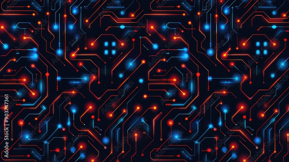 Poster seamless of an technology pattern with an intricate network of interconnected neon colored circuits 