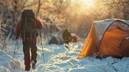 25. Cold Weather Camping, realistic style, bold colors, nature-inspired pattern, wide shot,...