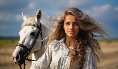 Fototapeta premium beautiful woman with long hair and horse, on a field.