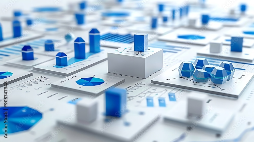 Poster blue 3d charts and graphs on white background.