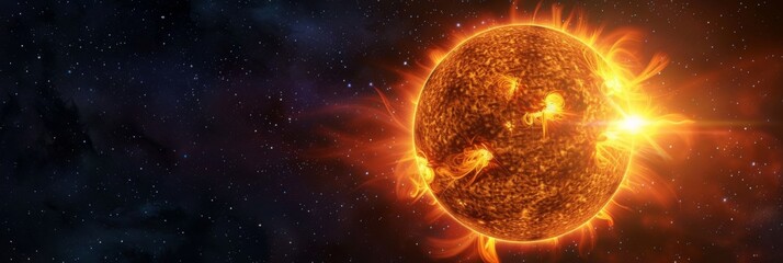 Obraz premium Powerful Sun in space close up. Burning star with plasma emissions in the starry sky. The Sun star in the solar system