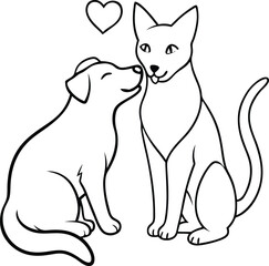 Cute dog and cat looking at . A charming black and white line art illustration featuring a playful dog with floppy ears and a happy expression