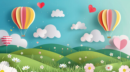 Paper cut style of field landscape in the summer time, Paper art spring landscape with blue sky and hot air balloons heart flying.