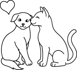 Cute dog and cat looking at love . A charming black and white line art illustration featuring a playful dog with floppy ears and a happy expression