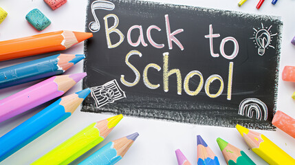 Naive children's drawing with colored pencils on white paper, made by hand by a child, text "Back to School "