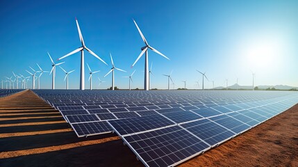 A high-definition photograph of a solar farm with rows of solar panels and wind turbines in the background, 