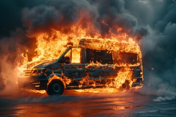 Fiery Freight Forward: A Blazing Truck Engulfed in Flames and Smoke, Isolated on a Blue Background, Conveying Urgency and Danger.