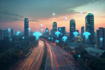 Fototapeta premium Smart city and wireless communication network concept. Digital network connection lines. Generative AI .