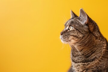 Obraz premium Eine Katze von der Seite vor gelbem Hintergrund, Platz für Text 