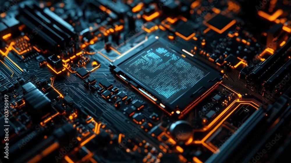 Poster close-up of a circuit board with glowing orange traces and a blue digital display