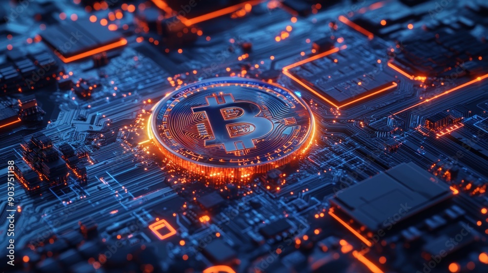Poster bitcoin coin on a futuristic circuit board