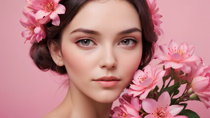 Naklejka premium Close-up portrait of a woman with pink flowers
