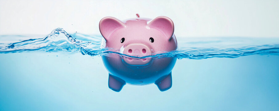 Foto de una triste alcanc&iacute;a hundi&eacute;ndose en el agua aislada sobre un fondo blanco, con fondos de colores s&oacute;lidos en tonos azul y rosa, en un estilo minimalista.