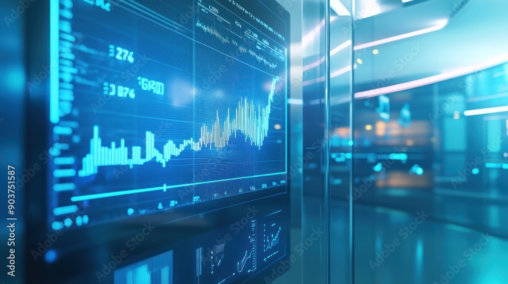 Poster financial data displayed on a screen in a modern office