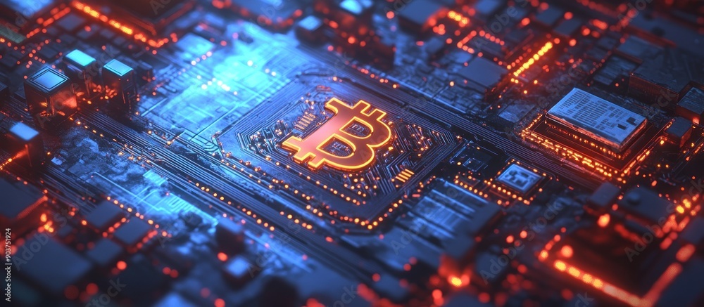 Poster A glowing Bitcoin symbol embedded in a futuristic circuit board