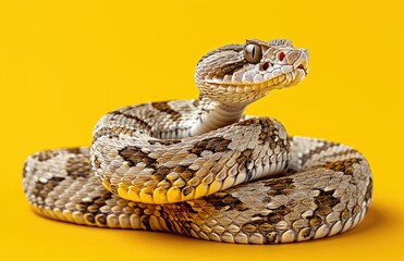 Obraz premium Photo of a rattlesnake on the ground, with its head raised and coiled around itself, on a yellow background. Wild animal photo. 