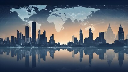 City skyline silhouette at sunset with urban skyscrapers reflected in water