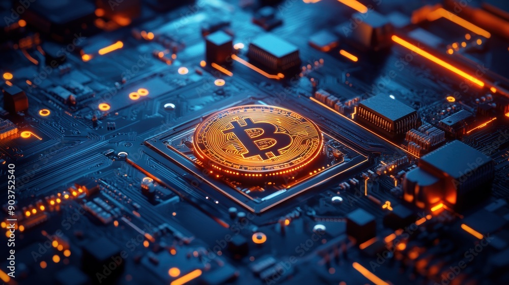 Poster A Bitcoin Cryptocurrency Coin Embedded in a Motherboard Circuit Board
