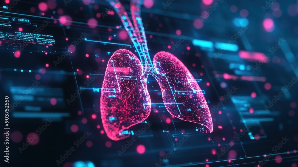 Poster digital rendering of human lungs with glowing particles